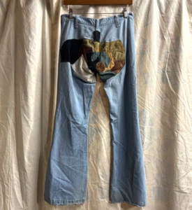 Women's Unisex 1970s Leather Patched Love'n Stuff Denim Jean Bell Bottoms Boho - Picture 1 of 6