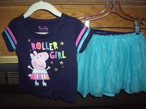 T25 EUC Girls Size 3T Peppa Pig 2pc Skirt & Top Outfit Roller Girl Blue Tulle - Picture 1 of 6