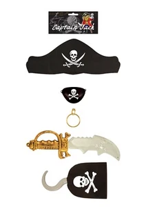 Kids 5Pcs Pirate Fancy Dress Costume Set Hat Hook Earring Eye Patch Cutlass Kit - Picture 1 of 6