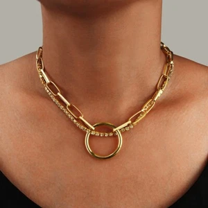 Circle Pendant Necklace Chunky Paperclip Zircon Chain Choker Gold Pld Necklace - Picture 1 of 5