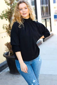 Black Smocked Three Quarter Sleeve Tie Back Top - Picture 1 of 13