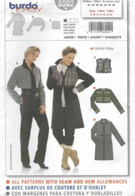 B48 BURDA 8002: JACKET, COAT & VEST SIZE 8-20 SEWING PATTERN - Image 1 of 3
