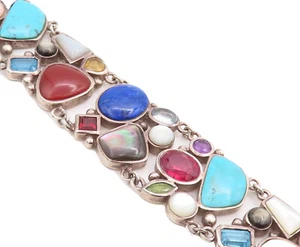 925 Sterling Silver Vintage Bracelet Brutalist Multiple Gemstones Inlay BT10635 - Picture 1 of 10