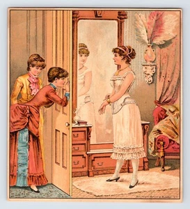 Victorian Trade Card Duplex Corset 1890s Spying Ladies Dressing Room 4.5" x 5" - Picture 1 of 2