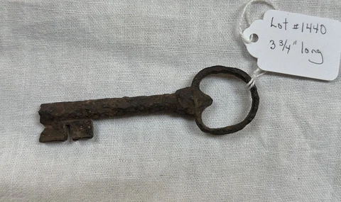 1440-Early Large Cast Iron Key Trunk Door Dug Up Much Wear 3 ¾” Long Cover