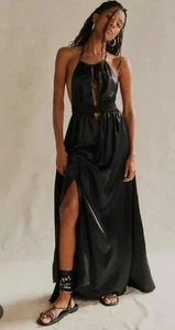 Free People Medium Look Into The Sun Satin Cutouts Halter Gown Maxi Dress - Picture 1 of 5
