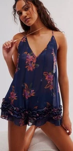 free people Intimately Romper Sz M Icing On The Top Floral Sheer Navy Blue - Picture 1 of 9