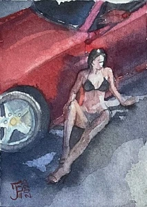 Miniatura ACEO card dipinto acquerello originale ragazza donna auto arte - Foto 1 di 1