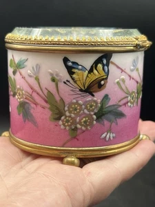 ANTIQUE FRENCH Trinket Box Jewelry Casket Pink HAND PAINTED FLORAL PORCELAIN - Picture 1 of 17