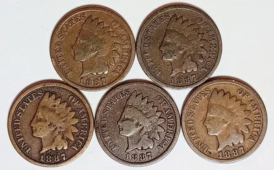  *5* • Indian Head Cents•* ALL *1887* *GOOD OR BETTER*  $$ FREE SHIPPING $$ #515 - Image 1 of 2