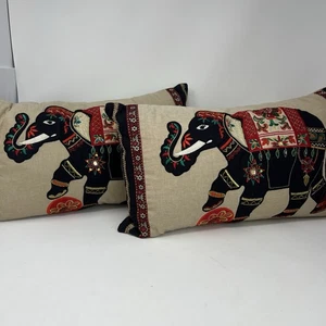 Pier 1 Elephant Throw Pillows 19”x11” Beaded Embroidered Boho Red Black Circus - Picture 1 of 16
