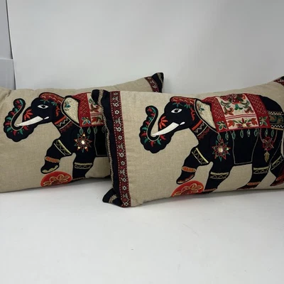 Pier 1 Elephant Throw Pillows 19”x11” Beaded Embroidered Boho Red Black Circus - Image 1 of 4