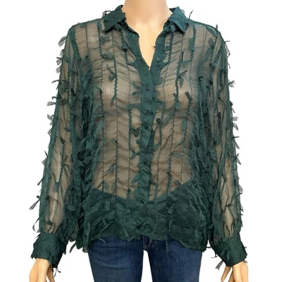 Blusa Zara Flecos Abotonados Pequeña Transparente Gasa Verde Oscuro Manga Larga Gótica Foto 1 de 4
