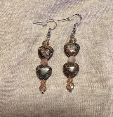 豹碧玉心刻面日光石和圆形鱼钩耳环2 — 第 1/2 张图片