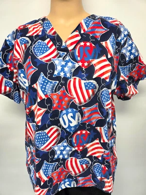 Butter-Soft 2X Patriotic USA Balloons Scrub Top Pockets Cotton Blend - Image 1 of 3