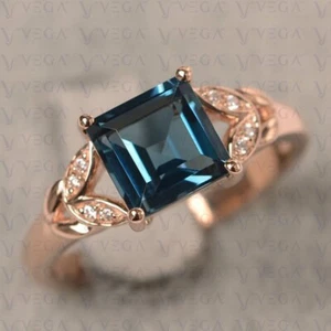 3.24Ct Natural Topaz & Diamond Princess Shape Wedding Ring 14K Solid Rose Gold - Picture 1 of 15