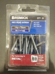Bremick 14G x 75mm Galvanised Hex Head With Seal Metal Screws - 25 Pack - Picture 1 of 4