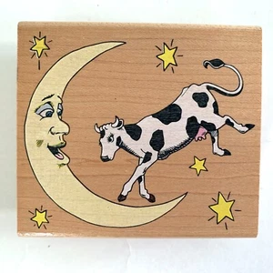 Rubber Stampede Wood Mount Rubber Stamp COW JUMPED OVER THE MOON - Picture 1 of 2