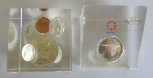 Vintage & Collectible 1965 & 1967 Silver Canadian Coins Encased Paperweights Euc