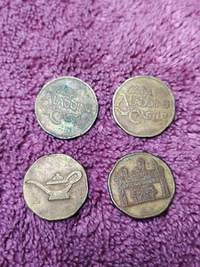 4 Vintage Aladdins Castle 31 MM Brass Arcade Tokens Games Genie Lamp & Palace - Picture 1 of 11