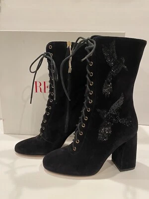 Red Valentino Suede Sequin Lace Up Boots Heels Black 36/ 5.5-6 $995 - Image 1 of 4