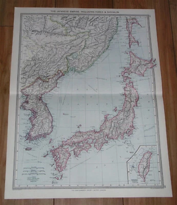 1908 ANTIQUE MAP OF JAPAN JAPANESE EMPIRE / KOREA / RUSSIA / TAIWAN INSET MAP - Image 1 of 4
