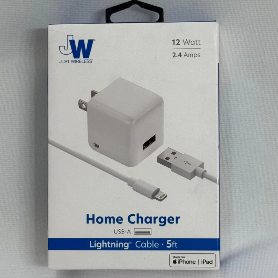 White Just Wireless 2.4a Single USB ABS Wall Charger 5' Lightning Cable. Apple