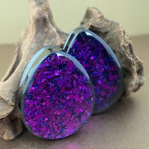 Pair of Black Steel Teardrop Plugs with Purple Chunky Glitter (EMB-012) gauges - Picture 1 of 4