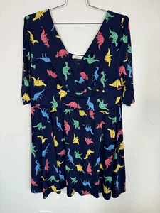 Jessy B ModCloth Plus Size Navy Blue Dinosaur Dress Size 2x A Line VNeck Teacher - Picture 1 of 12