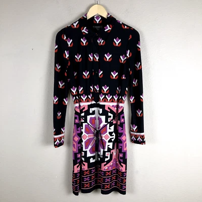 Muse Dress Womens 10 Black Pink Geo Print Popover Shirt Stretch A Line Collared - Image 1 of 4