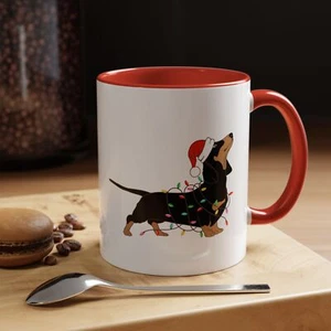 Festive Dachshund Ceramic Mug, Playful Design with Christmas Lights & Santa Hat - Picture 1 of 11