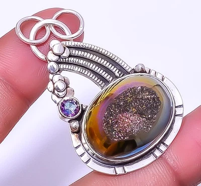 Colgante de plata de ley 925 con piedras preciosas de ágata púrpura de titanio 1,95" A335 Foto 1 de 4