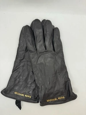 Michael Kors Genuine Leather Touchscreen Women’s Gloves - Black w Gold Logo -MED - Image 1 of 4