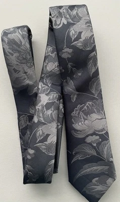 Men’s Tie, Slim, Grey Lighter Grey White Leaves & Flowers - Image 1 of 4