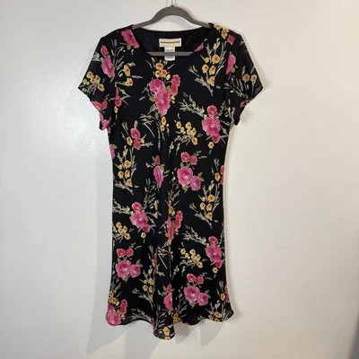 Vestido Camisa Vintage Anos 90 Expressions XL Preto Rosa Oversized Floral Chiffon Swing - Imagem 1 de 4
