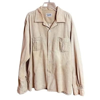 Vintage 50s Light Tan Corduroy Top Loop Button Down Shirt Austin Shire size L - Image 1 of 4
