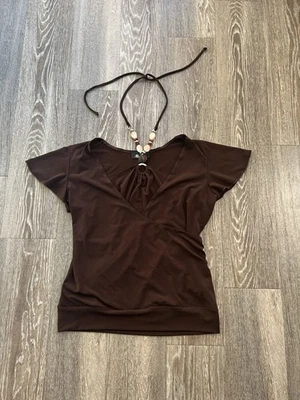 AB Studio Beaded Stretch Halter Top Brown Sz M USA Made Whimsy Fairy Y2K - Image 1 of 4