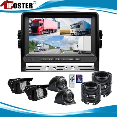 9" Monitor DVR For RV Truck Trailer Rear Side View Quad HD Camera 4 Split Screen - Image 1 of 4