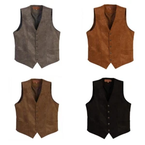 Mens Brown Tweed Waistcoats Hunting Wool Vests Herringbone Vintage Retro Wedding - Picture 1 of 11