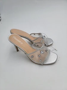 Forever 21 Round Toe Slide Dress Gray Heels" Open Toe Sz 6 Clear Rhinestone - Picture 1 of 5