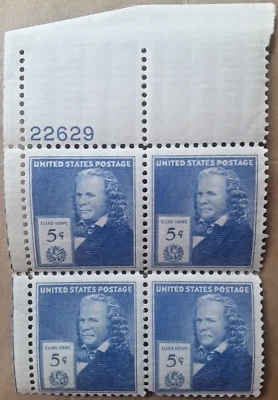1940 US Postage Scott #892 Elias Howe 5c Stamp Plate Block #22629 Env#1 FVF MNH - Image 1 of 2