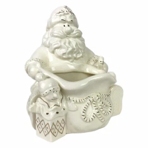 Christmas Santa Planter Bowl Figurine Trinket Ceramic Off White Gold Trim 7” - Picture 1 of 9