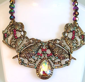 WOWSER 6 BIRDS STATEMENT BIB  NECKLACE RAINBOW OF COLORS HEIDI K9 SIGNED FAB - Picture 1 of 24