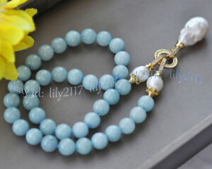 10mm Blue Aquamarine Gemstone Round Beads & White Baroque Pearl Pendant Necklace
