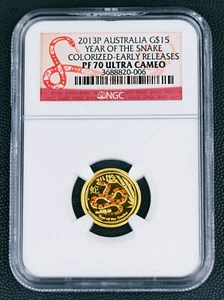 2013 GOLD PROOF COIN 1/10 oz LUNAR YEAR OF THE SNAKE PERTH MINT PF70 UC PERFECT! - Picture 1 of 5