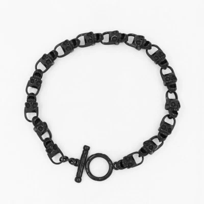Brazalete de moda de eslabones de cadena de motociclista gótico con cabeza de calavera de acero inoxidable negro Foto 1 de 3