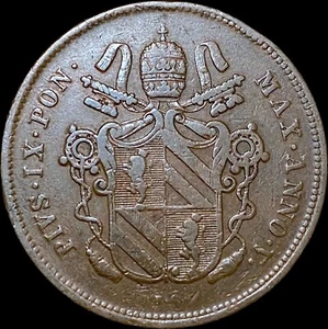 ITALY. 1850, 2 Baiocchi, VR - Papal States, Pius IX, Anno V, Papal Arms, Rome - Picture 1 of 3