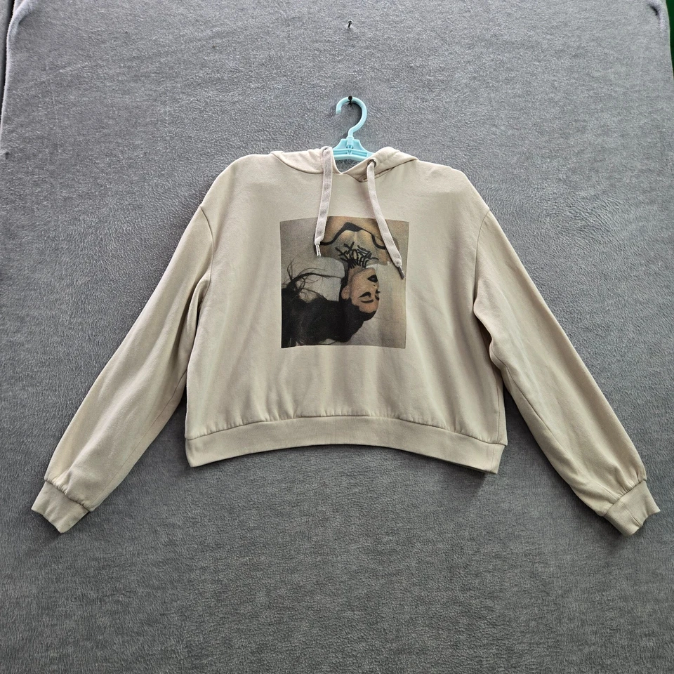 Sudadera Ariana Grande Mujer Grande Beige Gracias Siguiente Recortada Gráfica Sudadera con Capucha Foto 1 de 4
