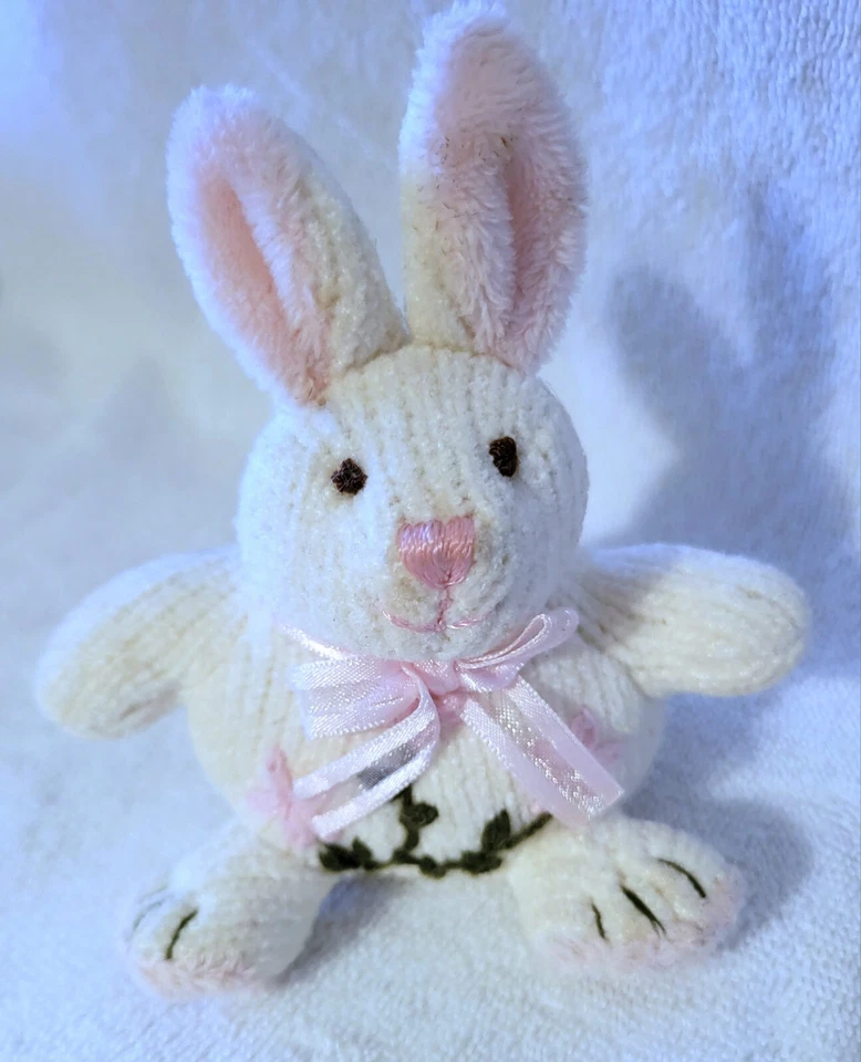 BUNNY RABBIT Plush Vintage Aurora 4" Sock Monkey Style Plush Soft Toy Floral - Image 1 of 4