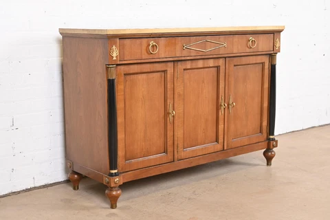 Baker Furniture Neoclassical Cherry Wood, Gold Gilt, and Parcel Sideboard Cover